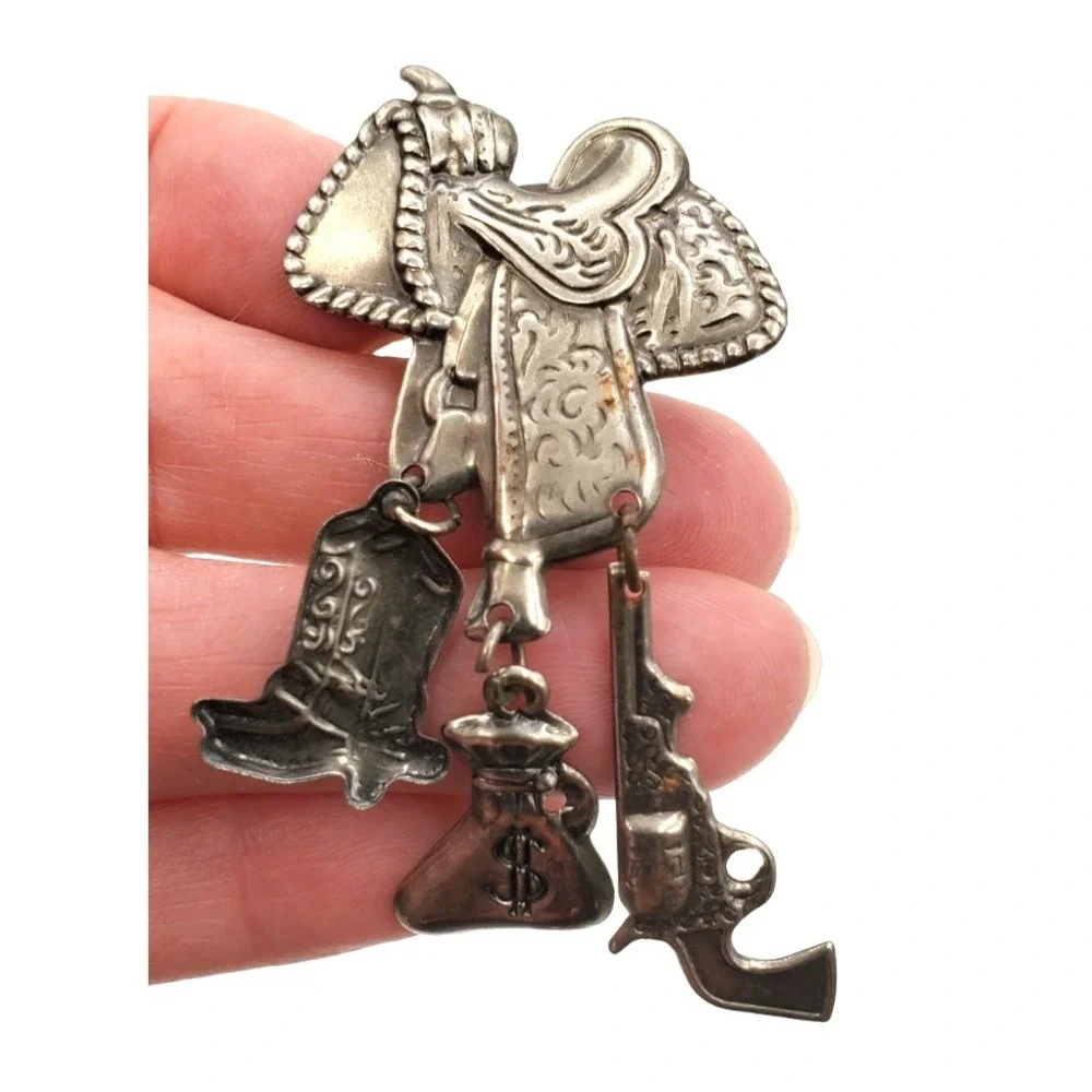 Vintage Western Cowboy Saddle Button Cover Dangling Boot Gun Money Bag Charms